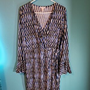 London Times Blue and Black Printed Wrap-Style Dress